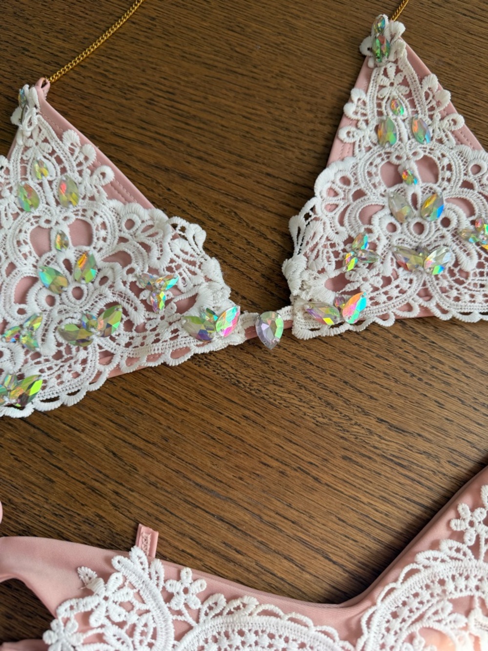 Pink Lace Applique Bikini Set with Iridescent Accents